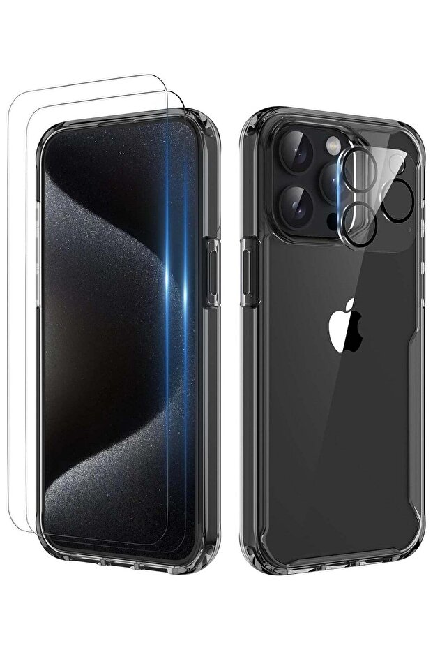 iPhone 15 Pro Max Case with [2 Screen Protector + 1 Camera Lens Protector] Shockproof Hard PC Clear Back Flexible Silicone Black Frame Protective Case