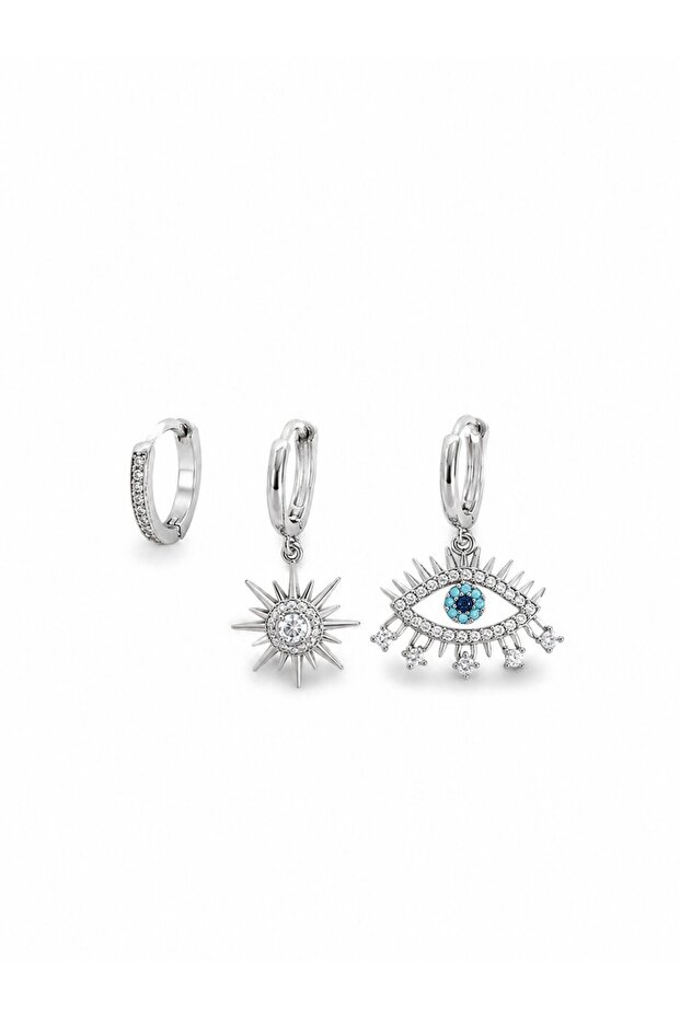 Göz Model Silver Color Brass 3-Piece Women's Earring Set