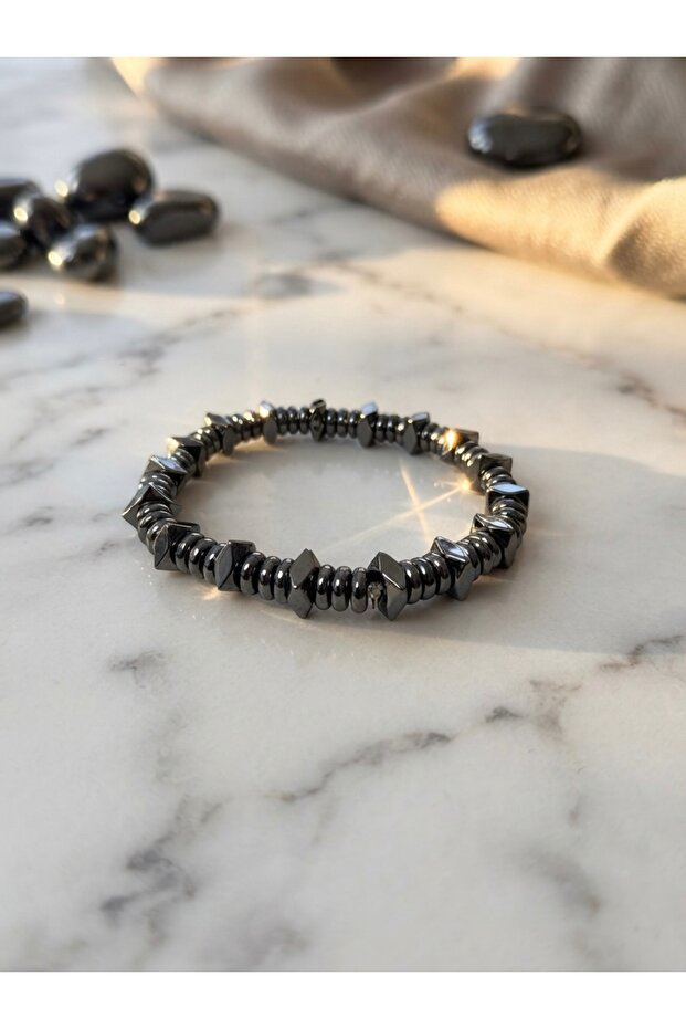 Ring and Diamond Cut Hematite Natural Stone Bracelet