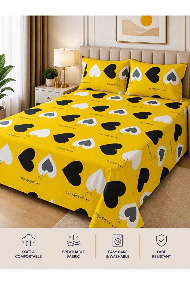 King Size Yellow Heart Pattern Bedsheet Set 3PCS – 125 GSM Soft Breathable Fabric, Fade Resis