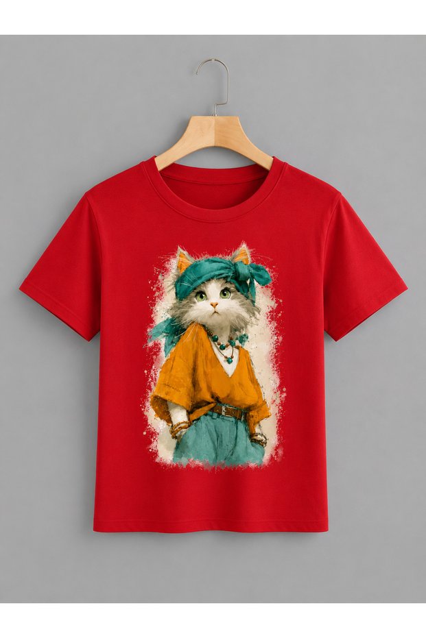 Unisex Oversize T-Shirt Fancy Cat Printed 100% Cotton T-Shirt Comfortable Fit