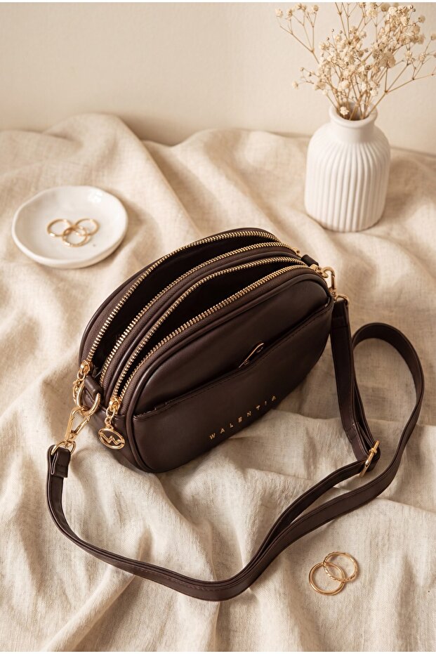 Multi-Compartment Long Strap Bag - Dark Brown - 2