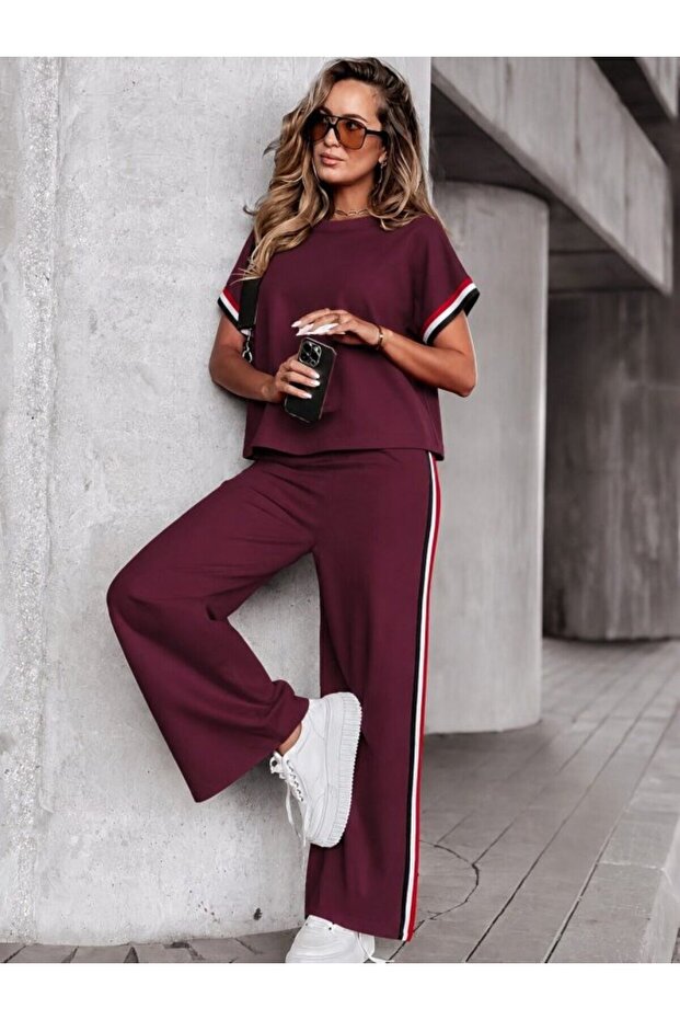 Women's Crew Neck Ribbed Detailed Double Set – Short Sleeve Viscose Two Yarn Blouse and Pants Top-Bottom Set