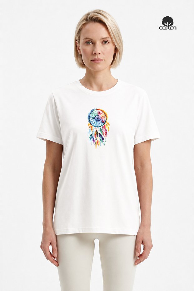 Women's Dream Regular Cut, O-Neck, Slit, Short Sleeve, Colorful Printed, Combed Cotton T-Shirt Ecru