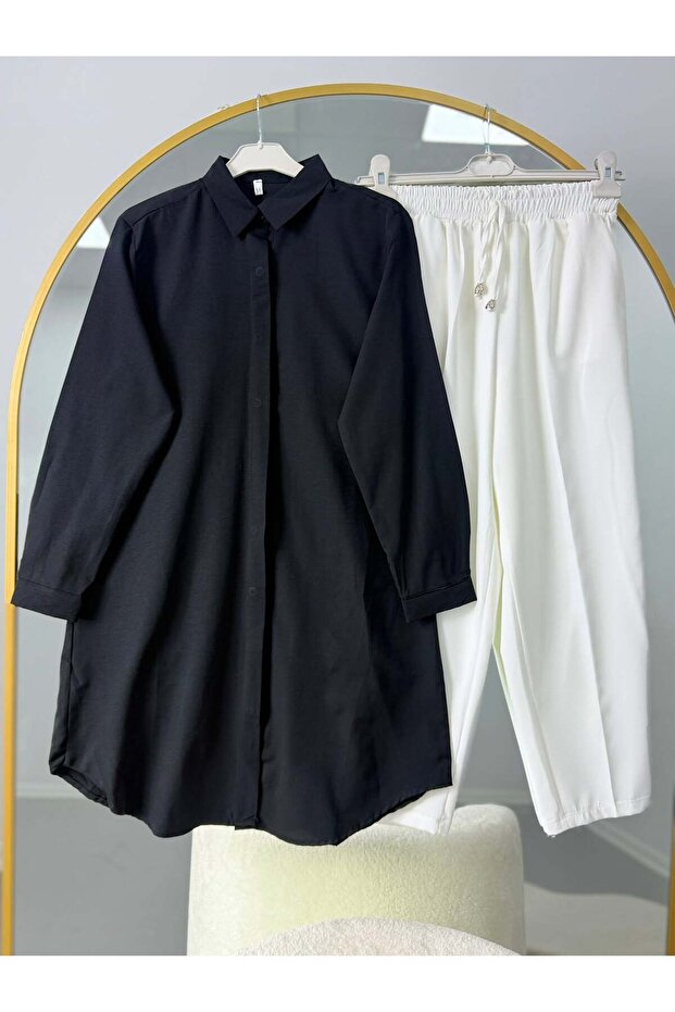 Basic Oversize Tunic Shirt Set Black