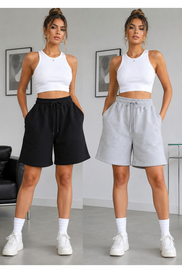 2-Piece Shorts Set for Women (Black-Grey) Summer Shorts Set with Pockets - Above the Knee Comfortable Fit Basic Anti-Sweat