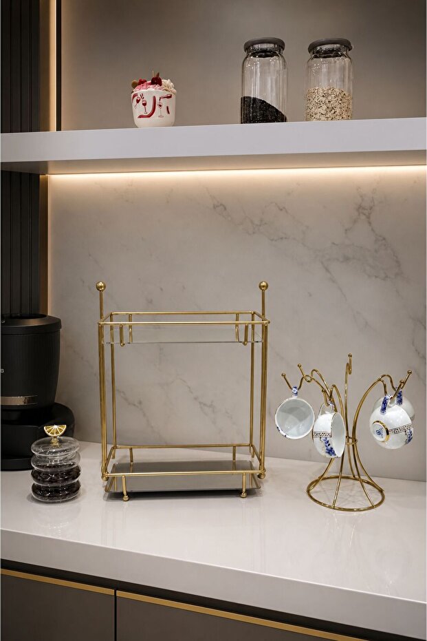 Set of 2 shiny gold two-tiered treat rack with 6 cup hangers kitchen set