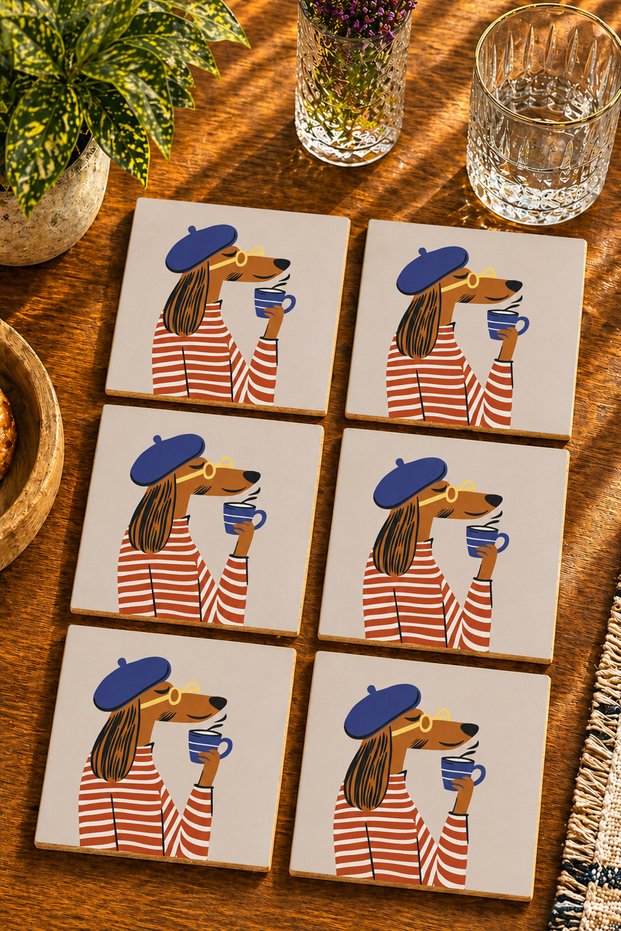 Coffee Drinking French Style Dog Illustration Modern Set of 6 Coasters - Uv Printing Mdf - 10X10 cm