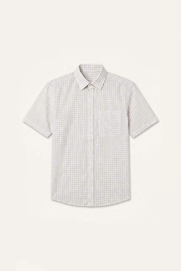 100% Cotton Regular Fit Polo Collar Checkered Short Sleeve Beige Shirt I1719Ax26Sm