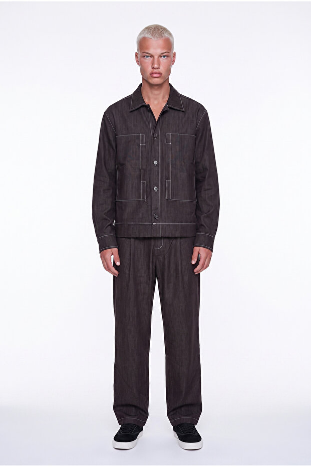 Men's Denim Suit with Stitching Detail in Brown