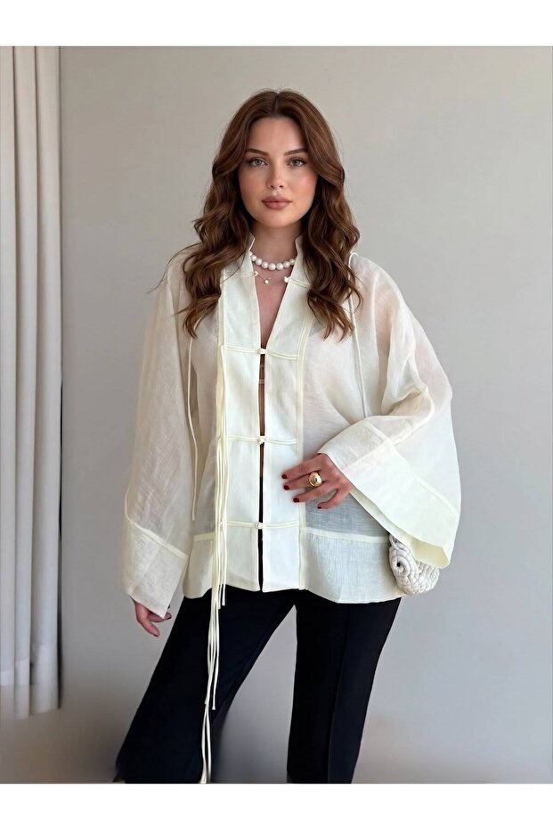 Butter Yellow Threaded Transparent Shirt - 5098