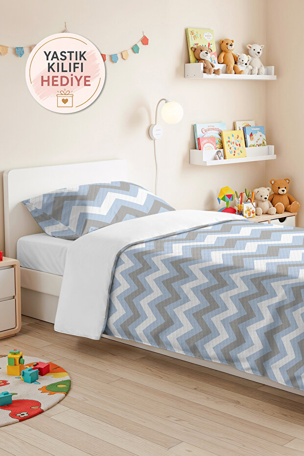 Blue Zigzag Geometric Youth Room Single Pique Set-Grey Modern 160X220 cm Quilted Bedspread