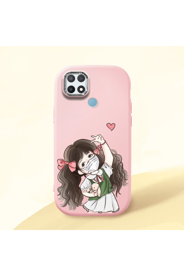 Oppo A15S Compatible Case Camera Protective Pink Silicone Couple Phone Case Girl Patterned