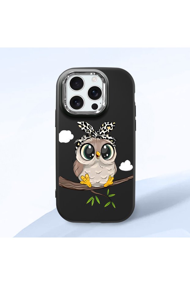 iPhone 16 Pro Compatible Case with Camera Protection Black Silicone Couple Phone Case with Owl Pattern