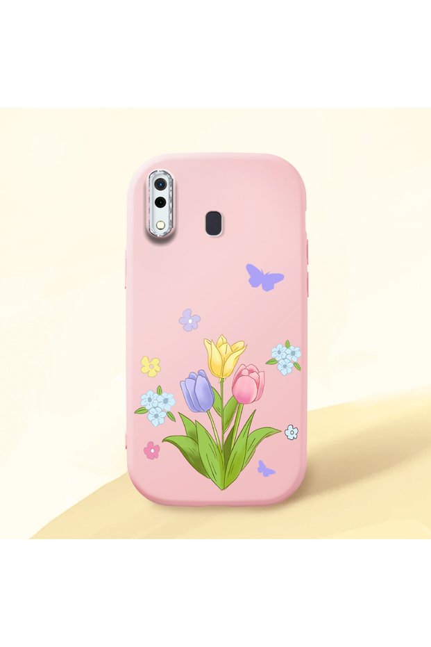 Samsung Galaxy A30 Compatible Case Camera Protective Pink Silicone Couple Phone Case with Floral Pattern