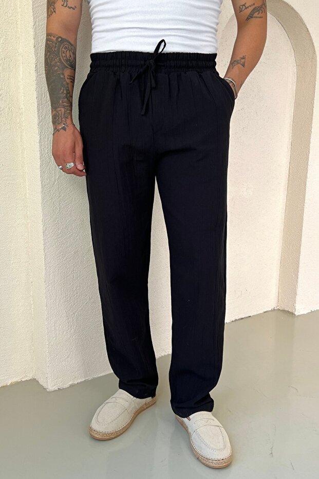 Kırınkıl Linen Comfortable Fit Trousers Black