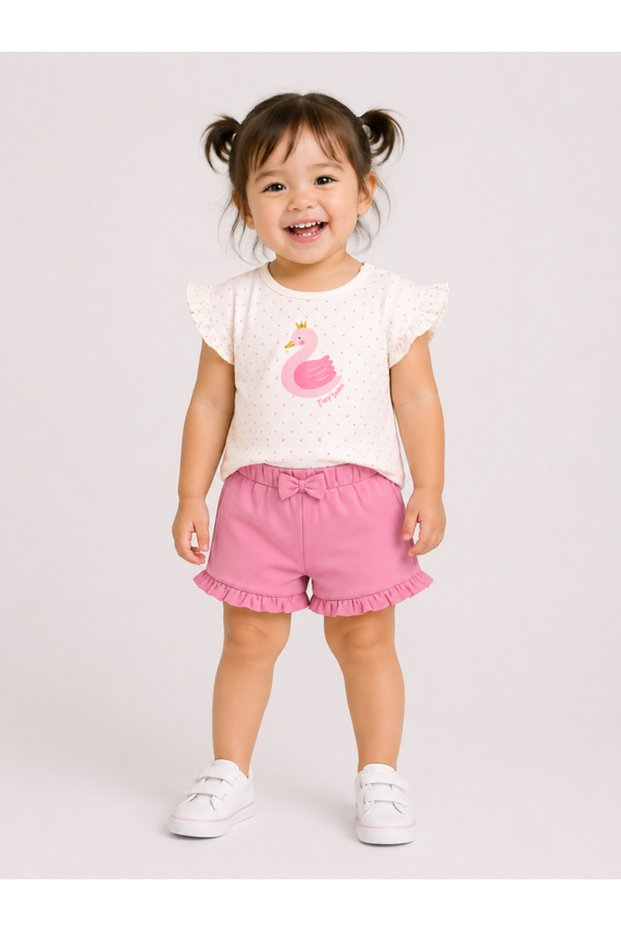 Infant Girls’ 2-Piece Set – Swan Print Top & Ruffle Shorts