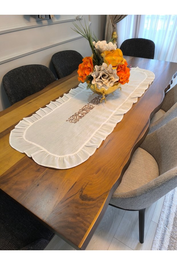 Cream Ruffled Embroidered Luxury Runner (140 X 50 cm)