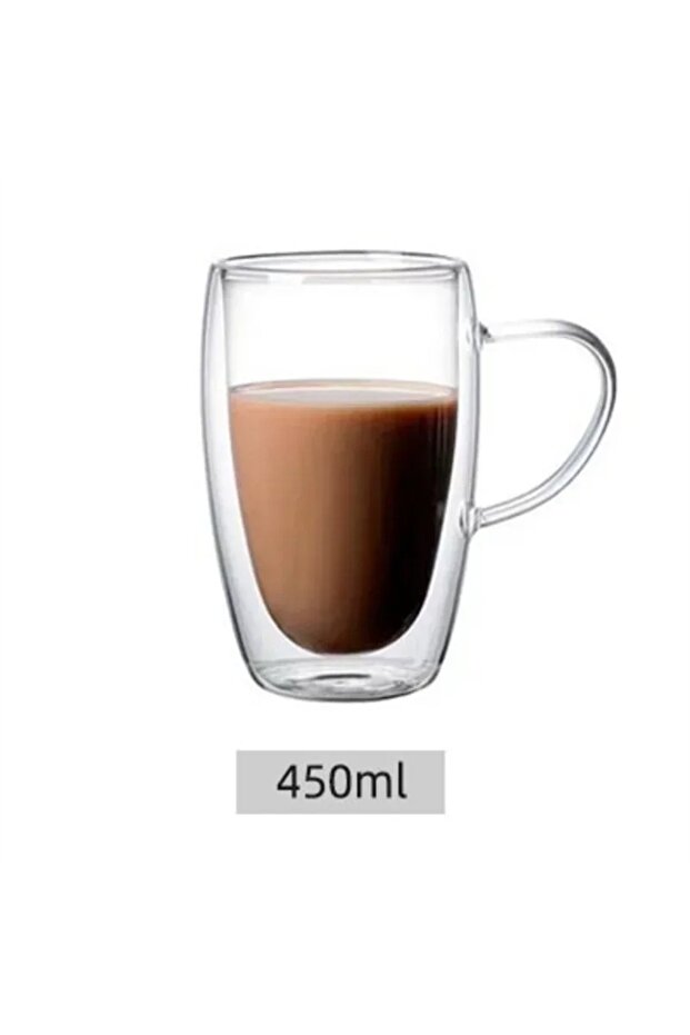 كوب قهوة زجاجي بسعة 250-450 مل، عبوة واحدة تحتوي على 450 مل، كوب زجاجي مزدوج الجدران بمقبض، مناسب للمشروبات الباردة أو الساخنة.