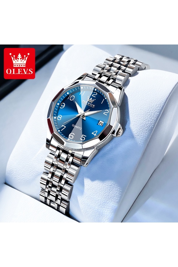Silver Blue OLEVS 9970 Original Quartz Watch for Women Solid Steel Strap Auto Date Hand Clock Fashio
