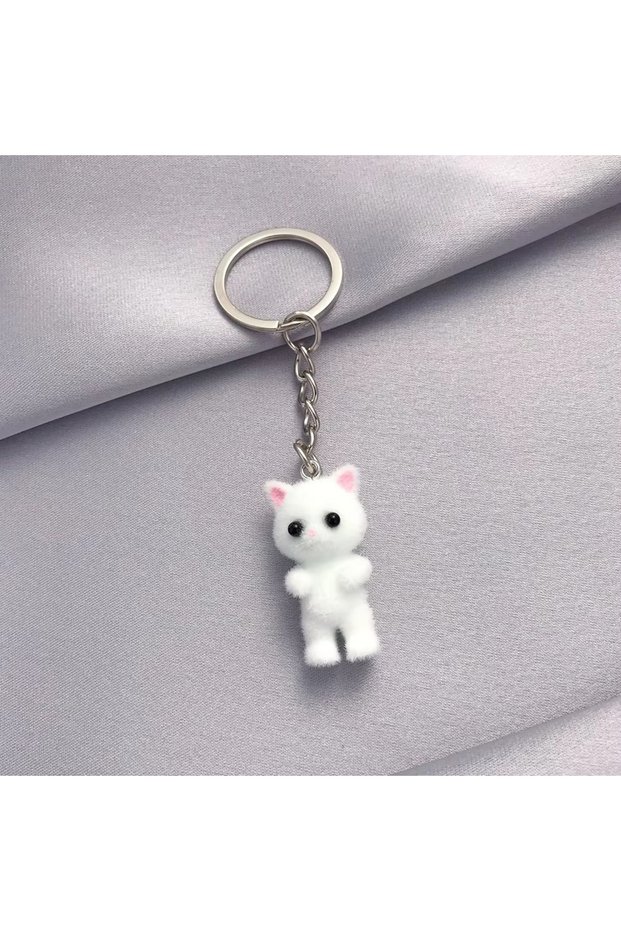 white 2 Cute Plush Resin Cat Pendant Keychain For Women Simple Design Phone Rope Chain Lovely Animal
