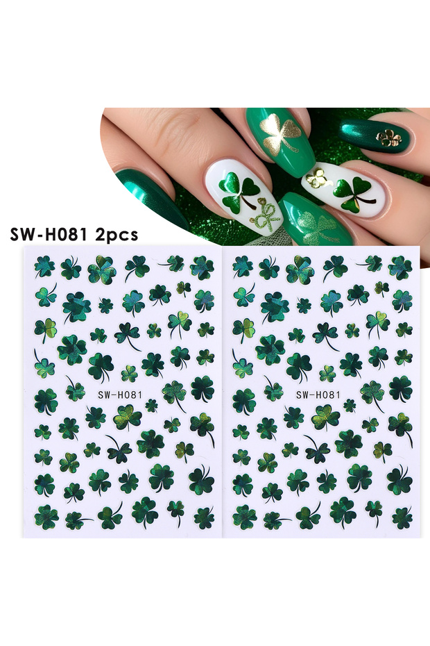 SW-H081 ملصق أظافر بتصميم البرسيم الأخضر ذو الأوراق الأربعة، قطعتان، بتصميم مجوف مطلي بالبرونز لعيد القديس باتريك