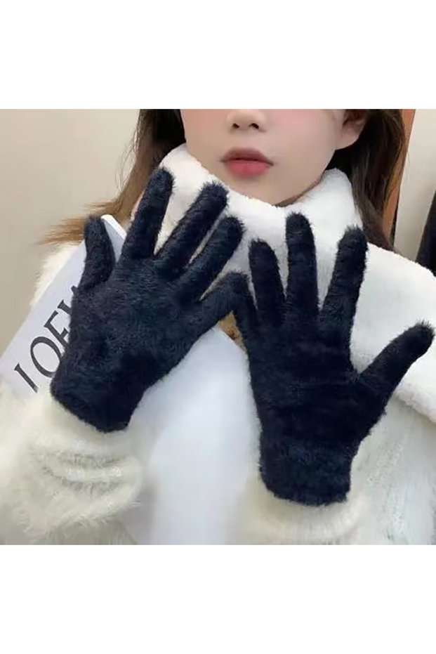 One Size Black Student Girl Fashion Winter Mink Velvet Five Finger Gloves Plush Warm Cold-proof Glov