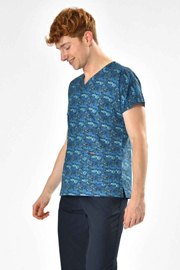 Blue Fish Patterned Surgical Jersey Top
