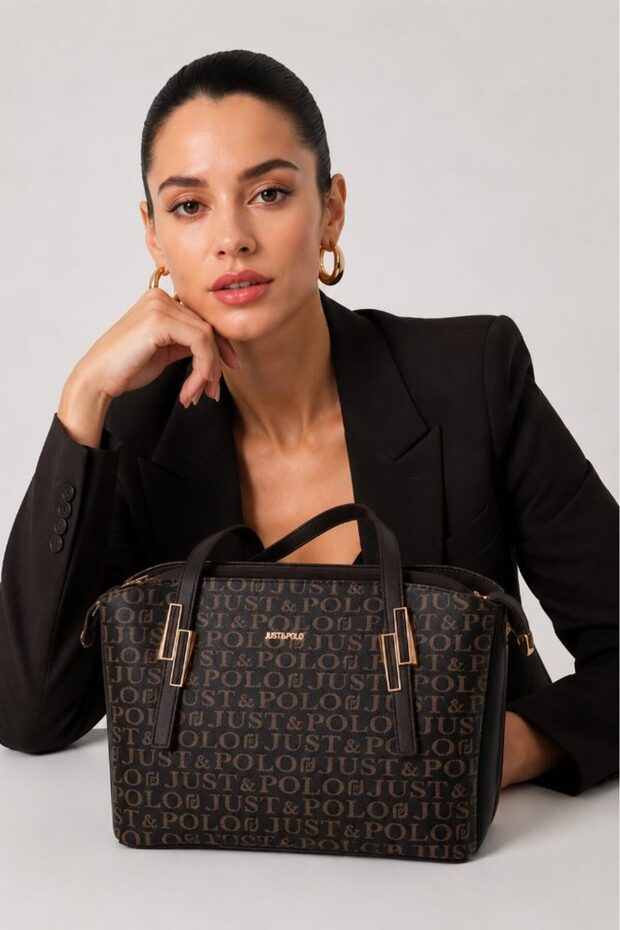Women's Hand and Shoulder Bag with Logo, Patterned Detail, Double Handle, Zipper, Brown