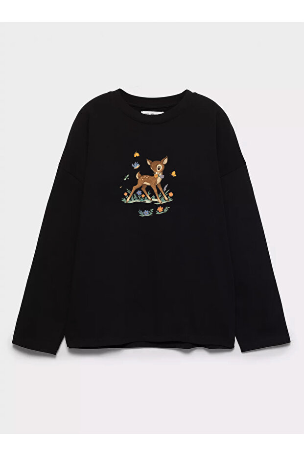 100% Cotton Oversize Fit Little Deer Printed - Crew Neck Long Sleeve T-Shirt