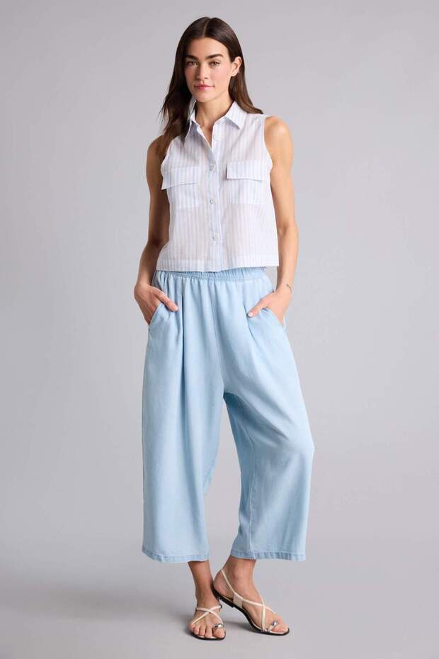 Barrel Fit High Waist Cropped Flowy Fabric Light Blue Pants H1937Ax26Hs
