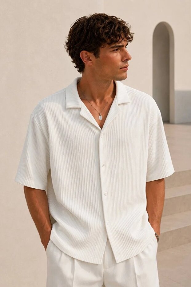 Men's Ribbed Short Sleeve Ecru Shirt Ls-19192