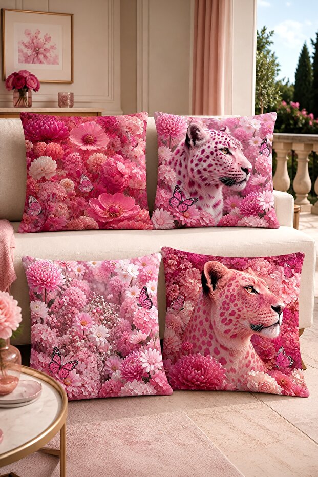 Pink Leopard Patterned 4-Piece Throw Pillow Cover Set