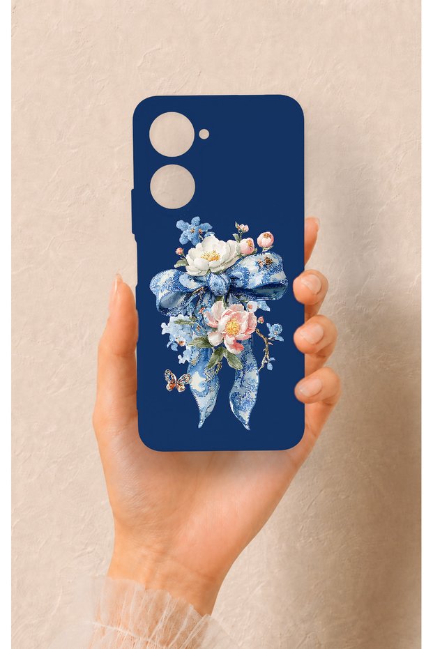 حافظة سيليكون متوافقة مع هاتف Vivo Y18 بنمط زهور وشريط أزرق