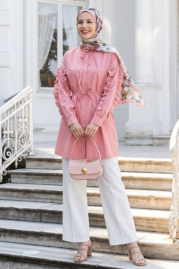 Ruffle Sleeve Belted Pink Tunic