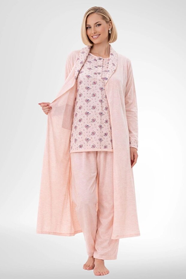 Women's Plus Size Floral Print Long Sleeve Robe+ Pajamas 3-Piece Set 80% Cotton 20% Viscose