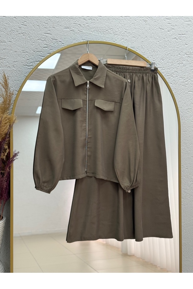 Aksev Shirt, Zippered Skirt, Full Buttoned Suit-Mf605 Khaki