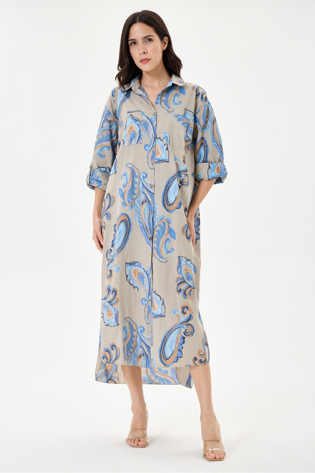 Mink Italian Shawl Pattern Side Slit Foldable Long Sleeve Oversize Shirt Dress Size 40 - 44