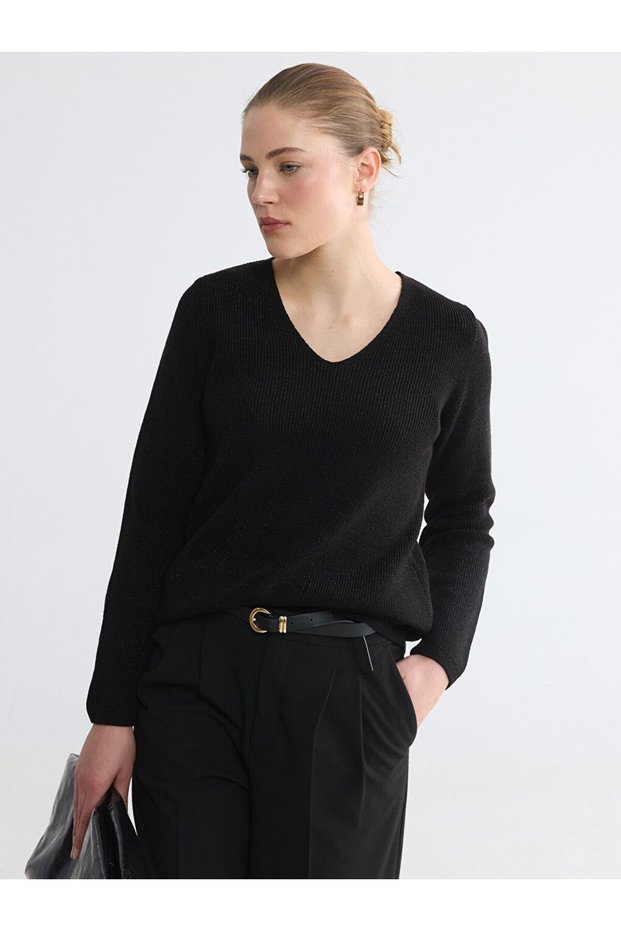 Lcw Comfort Black V-Neck Shiny Textured Women's Knitwear Sweater