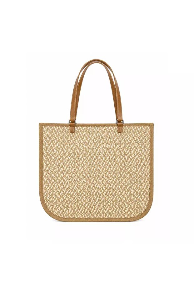 Womens Hand Woven Natural Raffia Beach Hand Bag With Flat Leather Handle- Beige