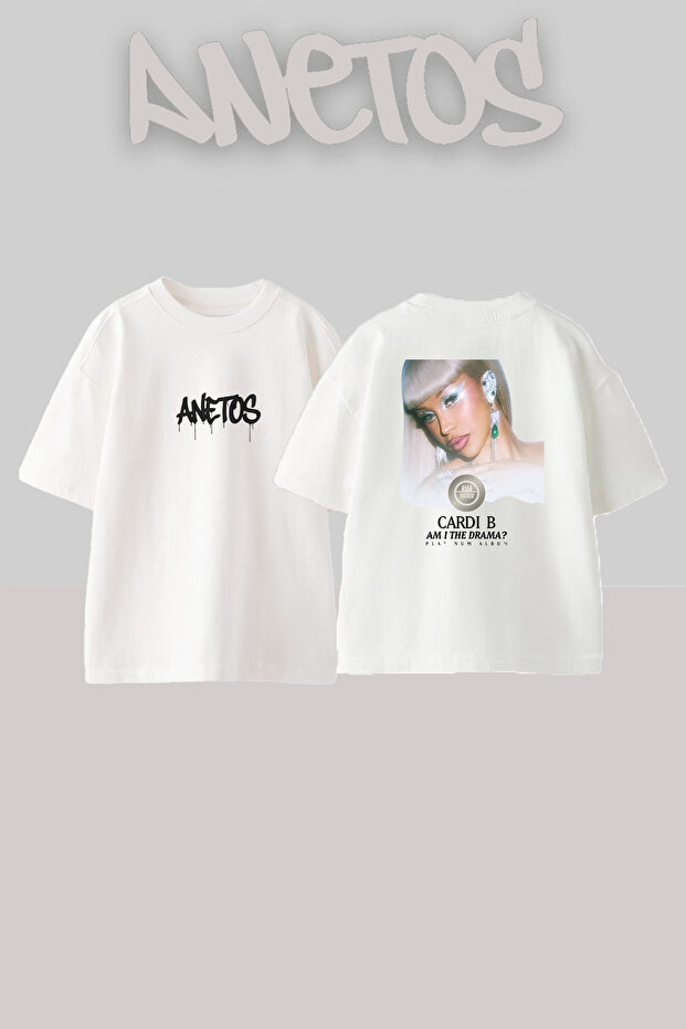 تي شيرت أبيض كبير الحجم مطبوع بتصميم Cardi B_32 للجنسين