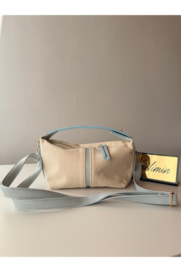 Women's Baby Blue Canvas Leather Detailed Shoulder Bag Striped Classic Handbag