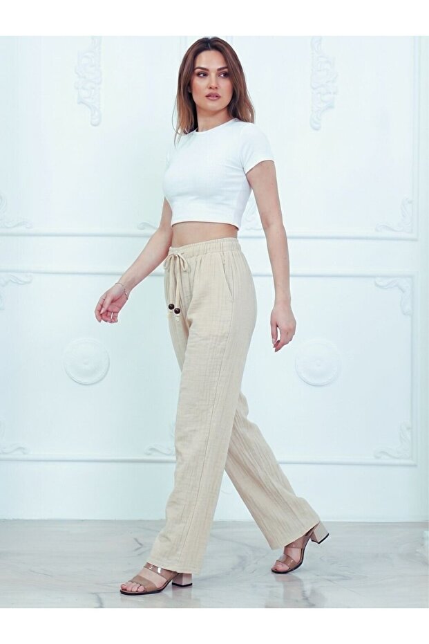 Women's Cotton Muslin Fabric Loose Trousers Cream