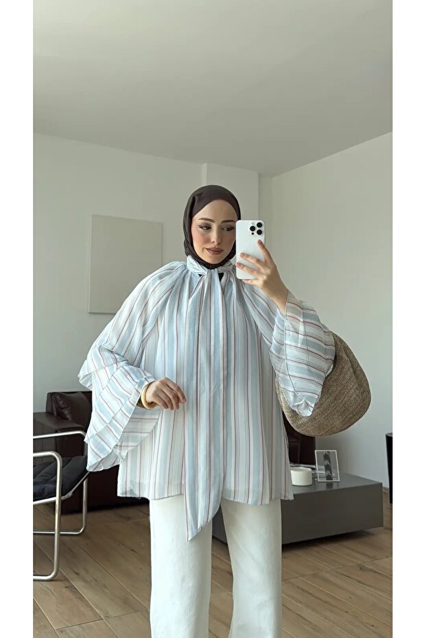 Flounced Sleeves Chiffon Scarf Lined Summer Blouse
