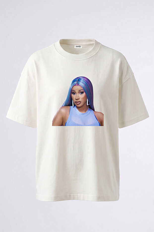 Cardi B_19 Design Printed Unisex Oversize Fit White Tshirt