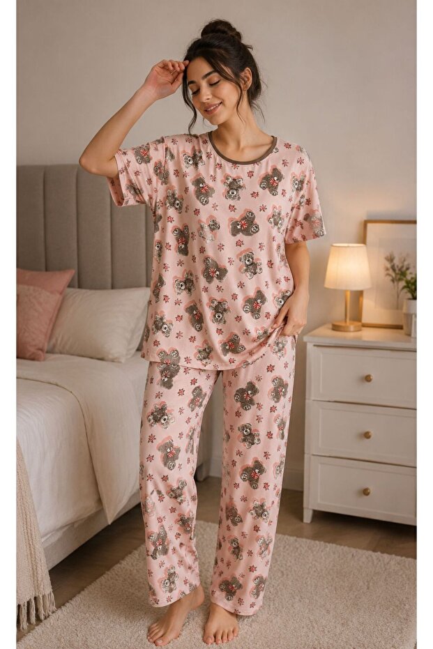Embroidered Milan Knitted Short Sleeve Oversized Women's Pajama Set