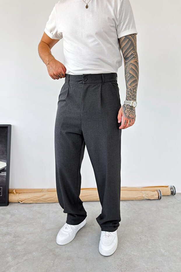 Anthracite Pleated Baggy Fit Fabric Trousers