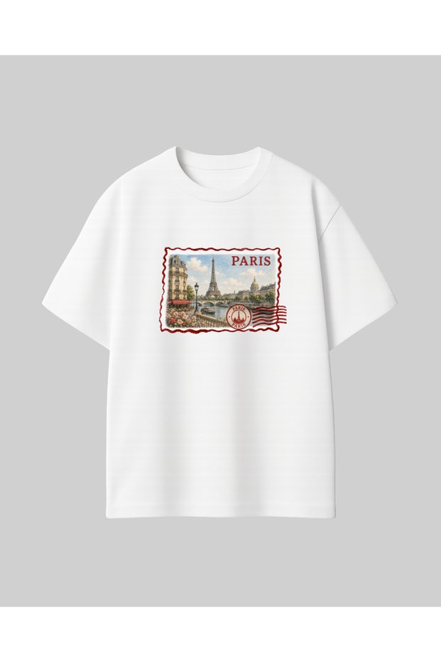 Paris Postcard City Print 100% Cotton Unisex Oversize T-Shirt