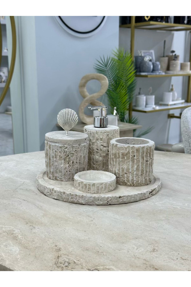 Decorative Natural Polished Travertine Marble 5 Piece Silver Sea Shell Bathroom Set