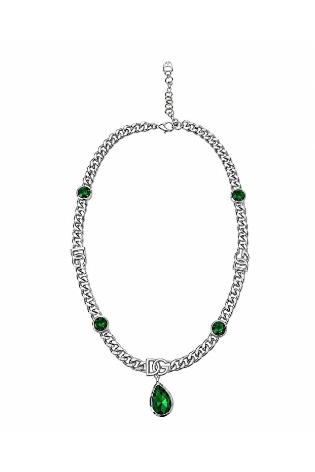 Green teardrop stone logo choker necklace